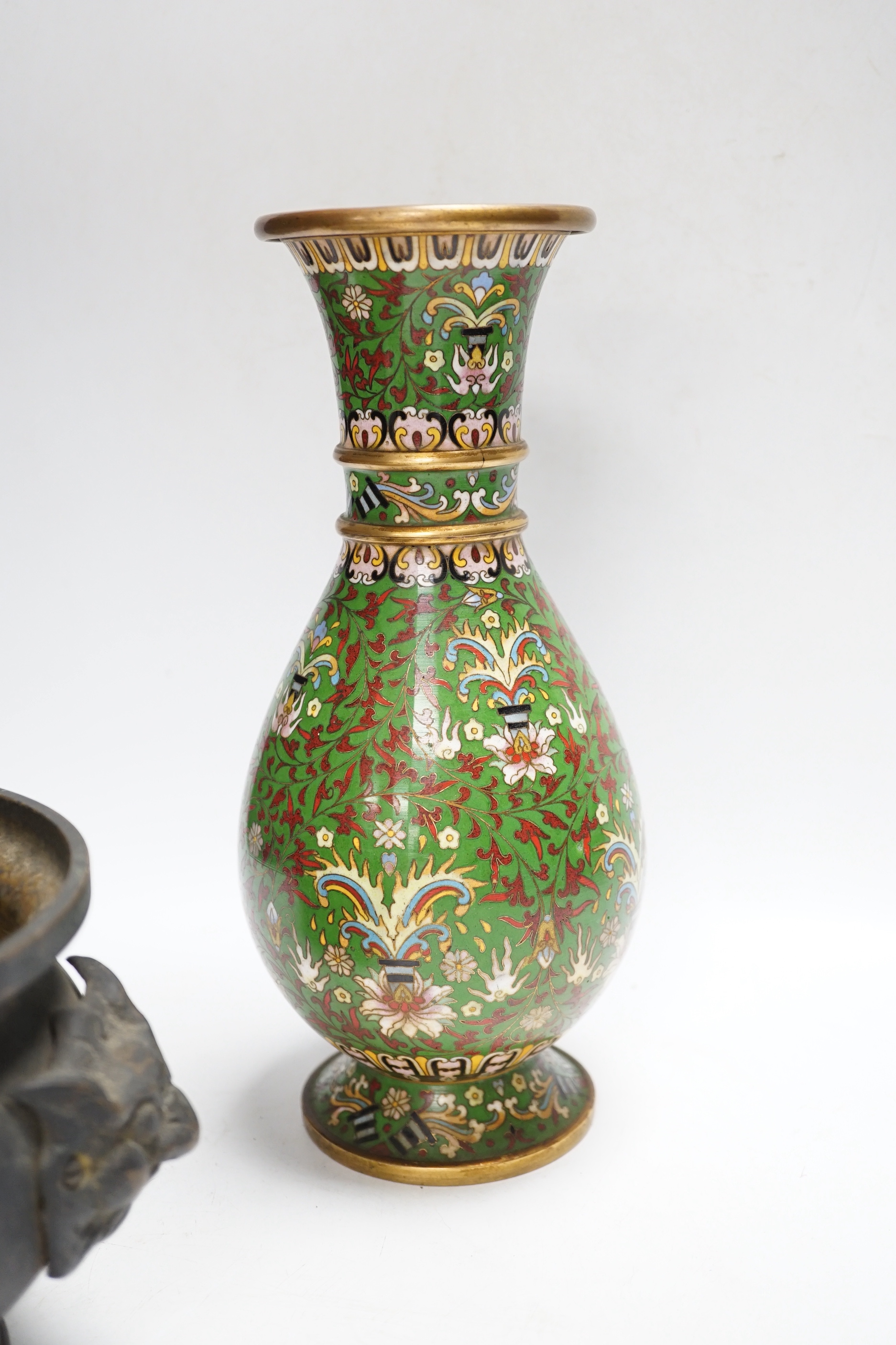 Three Chinese metalware items, a cloisonné vase, an enamel vase, and a brass censor, vase 25.5cm